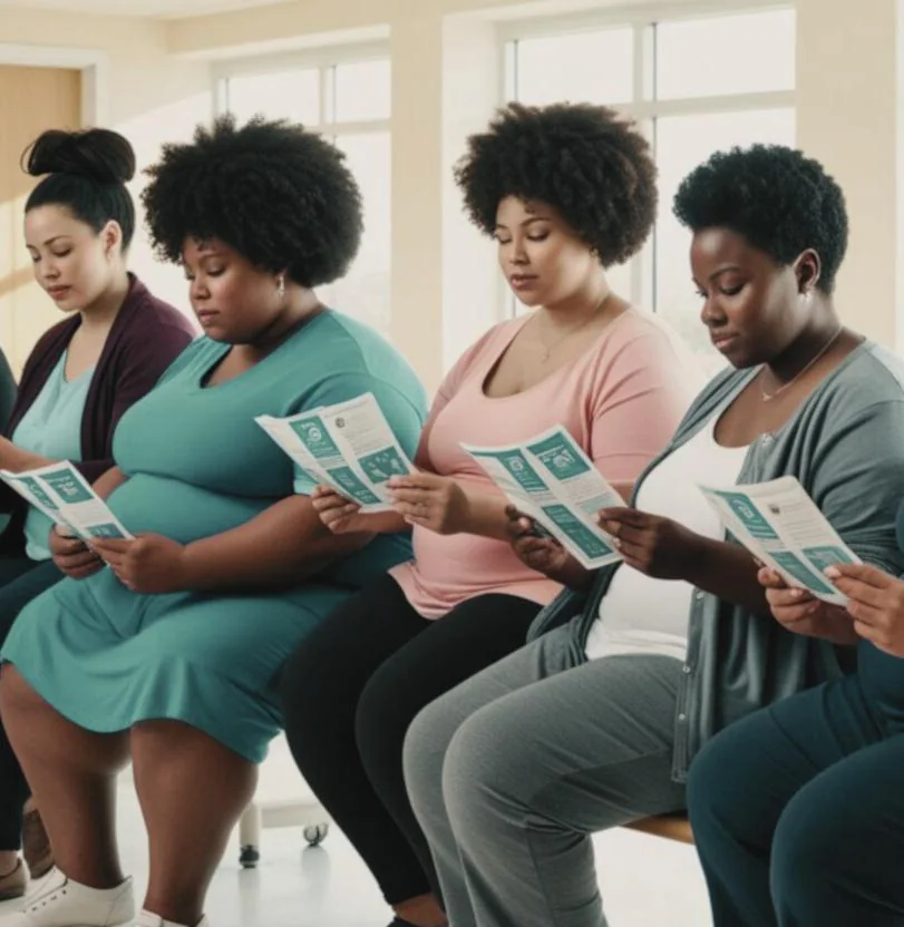 Des femmes assises lisant des brochures d’information (image générée par IA).