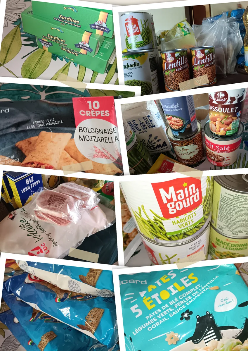 Montage de photographies de produits des paniers de la Banque alimentaire : sardines à l’huile de tournesol, haricots verts, lentilles, petits pois, riz long étuvé, pâtes, farine, viande surgelée.