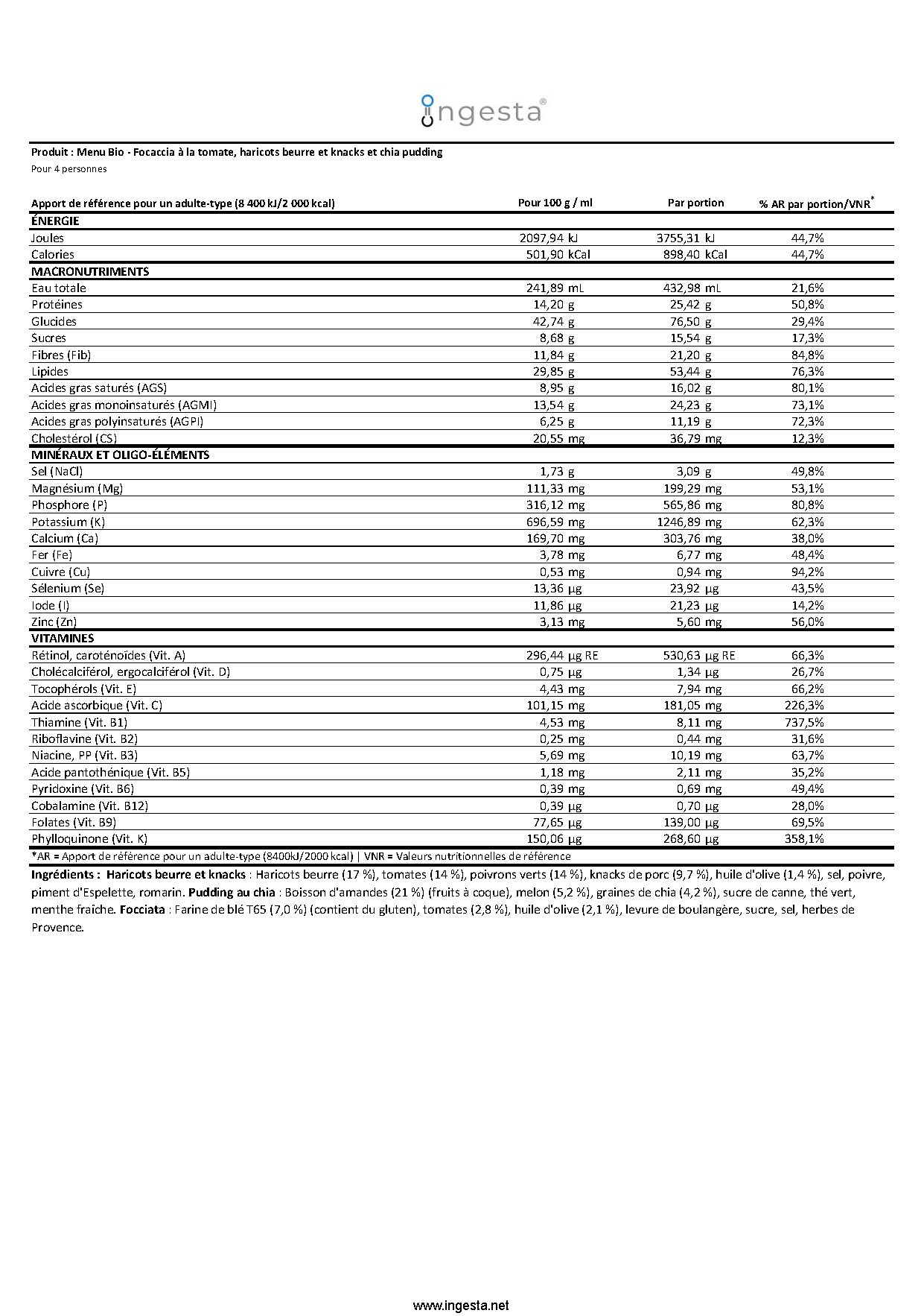 Informations nutritionnelles Menu Bio Ingesta